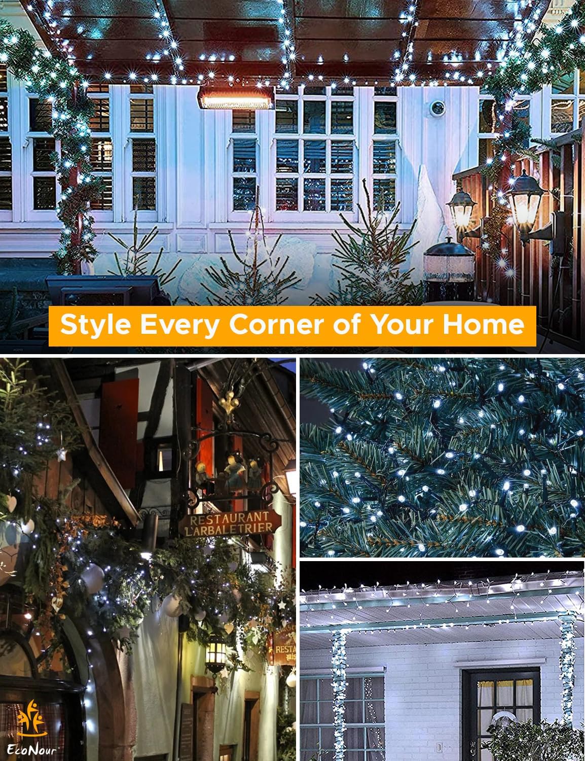 EcoNour Christmas Tree Lights, Cluster Compact 500 LED Cool White | 8 Hrs On Timer, 8 Light Mode, 2.5cm Bulb Distance Fairy String Lights Plug in - Timer and Memory Functions -Outdoor/Indoor Use