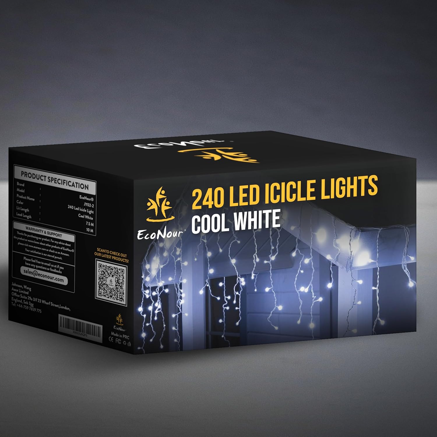 EcoNour Icicle Lights Outdoor Christmas Lights 240 LED 7.5M Cool White Decorations String Fairy Lights with Timer for Xmas Garden & Party | Mains Powered Clear Cable