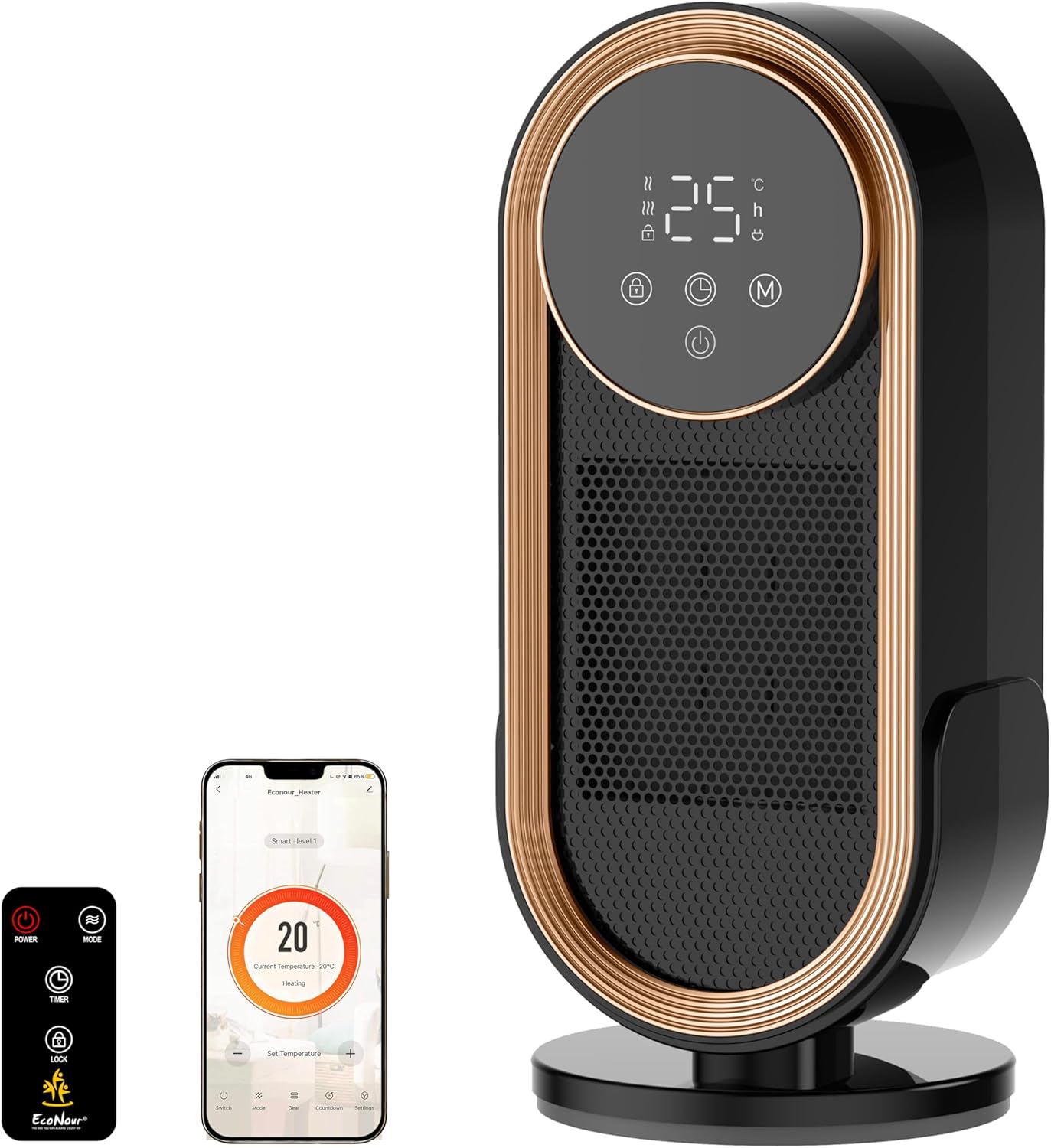 EcoNour Electric Heater, 1500 W Energy Efficient Space Silent Smart WiFi Room Heater, Portable Ceramic Room Heater with Thermostat, 3 Heat Modes, Fast Heating, Overheat & Tip-Over Safety Protection