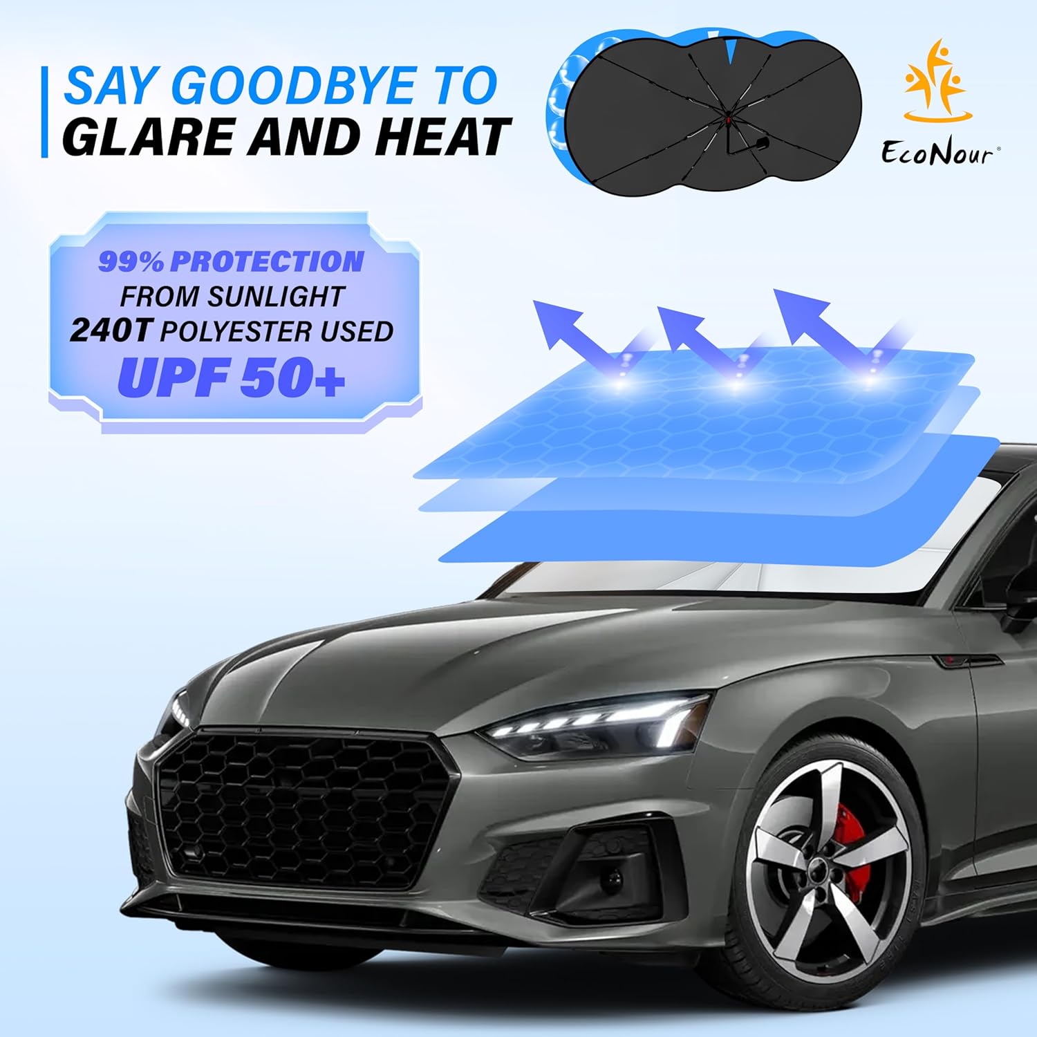 EcoNour Car Windshield Sunshade Umbrella | Foldable Windshield Sun Shade Cover | Front Car Window Shade for Maximum UV Rays & Heat Protection | 240T Polyester Umbrella Sunshade