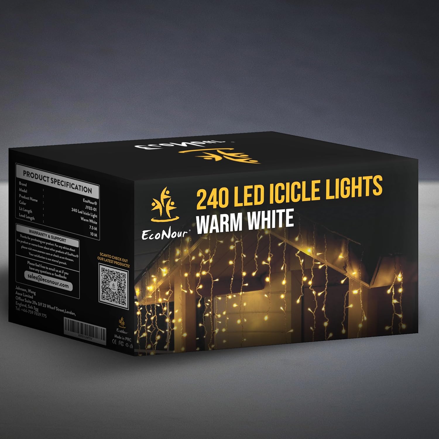 EcoNour Icicle Lights Outdoor Christmas Lights 240 LED 7.5M Warm White Decorations String Fairy Lights with Timer for Xmas Garden & Party | Mains Powered Clear Cable