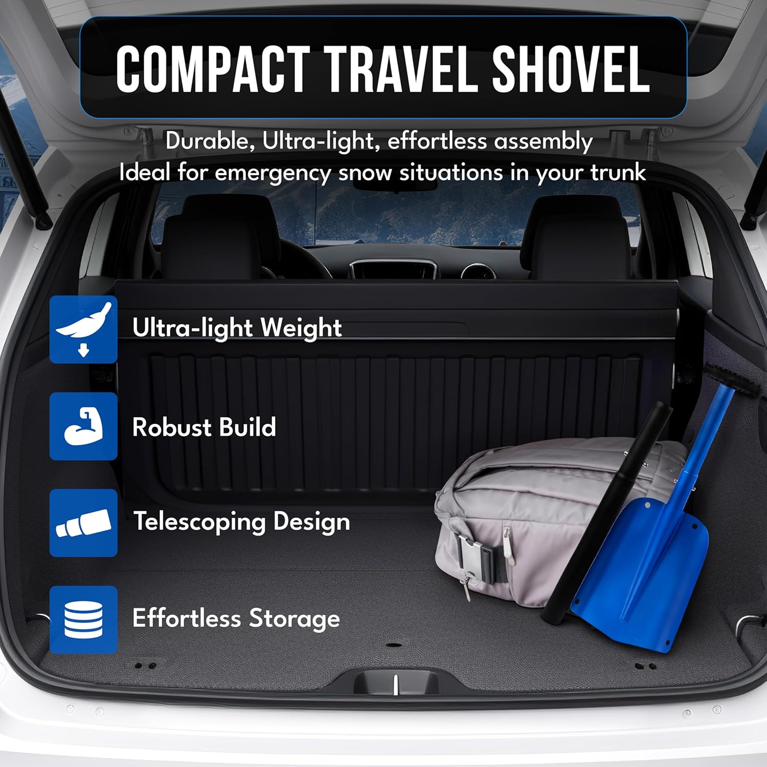 EcoNour 32" Multipurpose Snow Shovel for Car Driveway | Lightweight Aluminum Car Shovel for Snow, Sand, and Garden Use | Heavy-Duty, Foldable 3-Piece Shovel for Car, Home, and Outdoors (Blue)