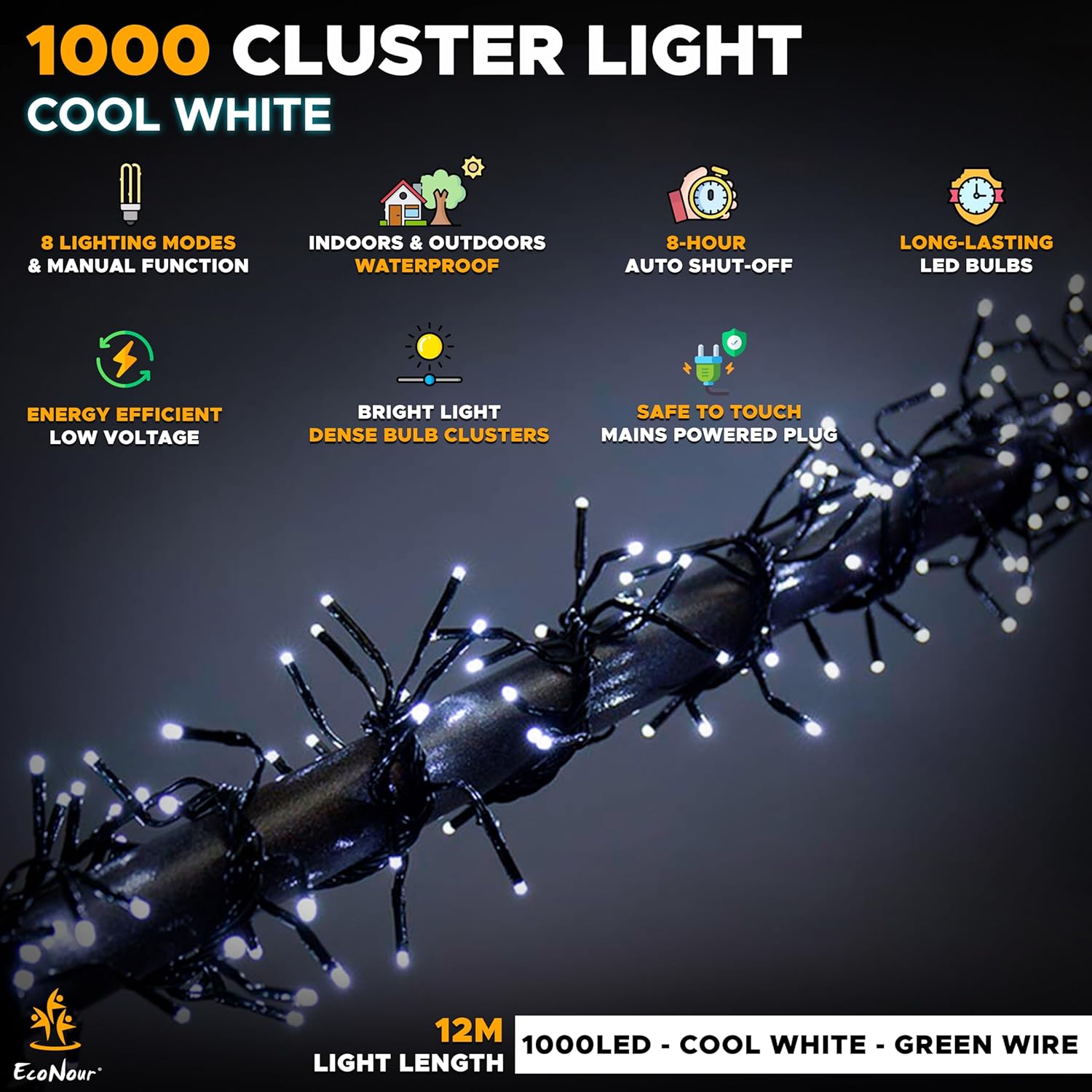 EcoNour Christmas Tree Cluster Lights - 1000 LED - Cool White - 6 Hours Timer, 8 Lighting Modes, Plug-in, Waterproof for Indoor & Outdoor Use - 10m Lit Length