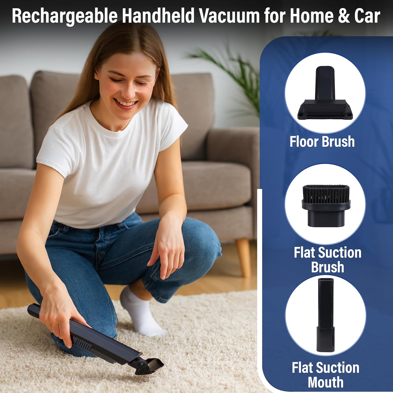 EcoNour Handheld Vacuum Cleaner, Cordless Car Vacuum Cleaner, with Multiple Brush Heads High Power Hand Held Vacuum Cordless, for Office, Home Kitchen, Car,Pet Hair