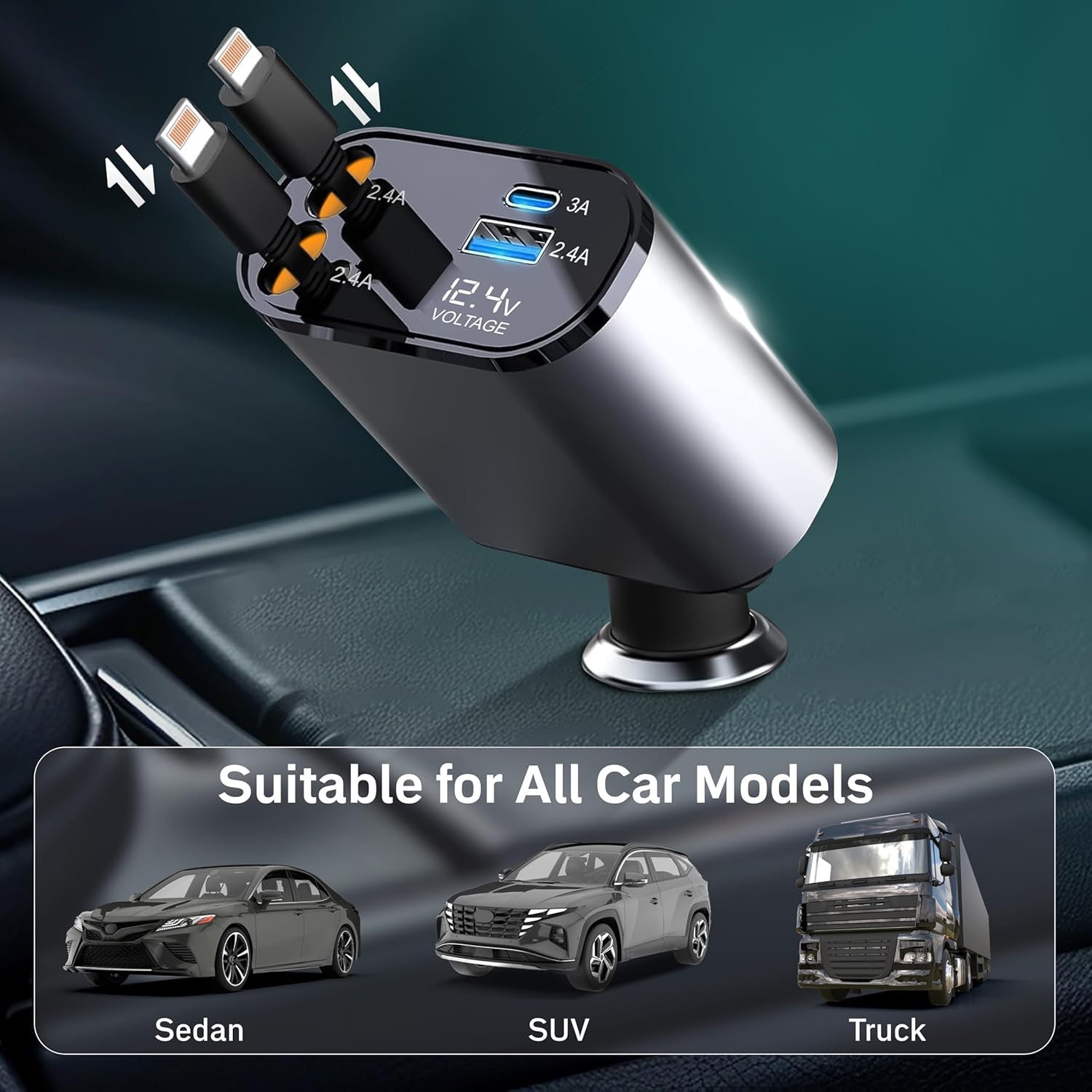 EcoNour Super Fast 4-in-1 Retractable Car Charger | PD30W Dual Apple Charger for iPhones & Multiple Devices | 82 cm Long, Flexible & Compact Design | Compatible with Iphones, Samsung & Android Devices