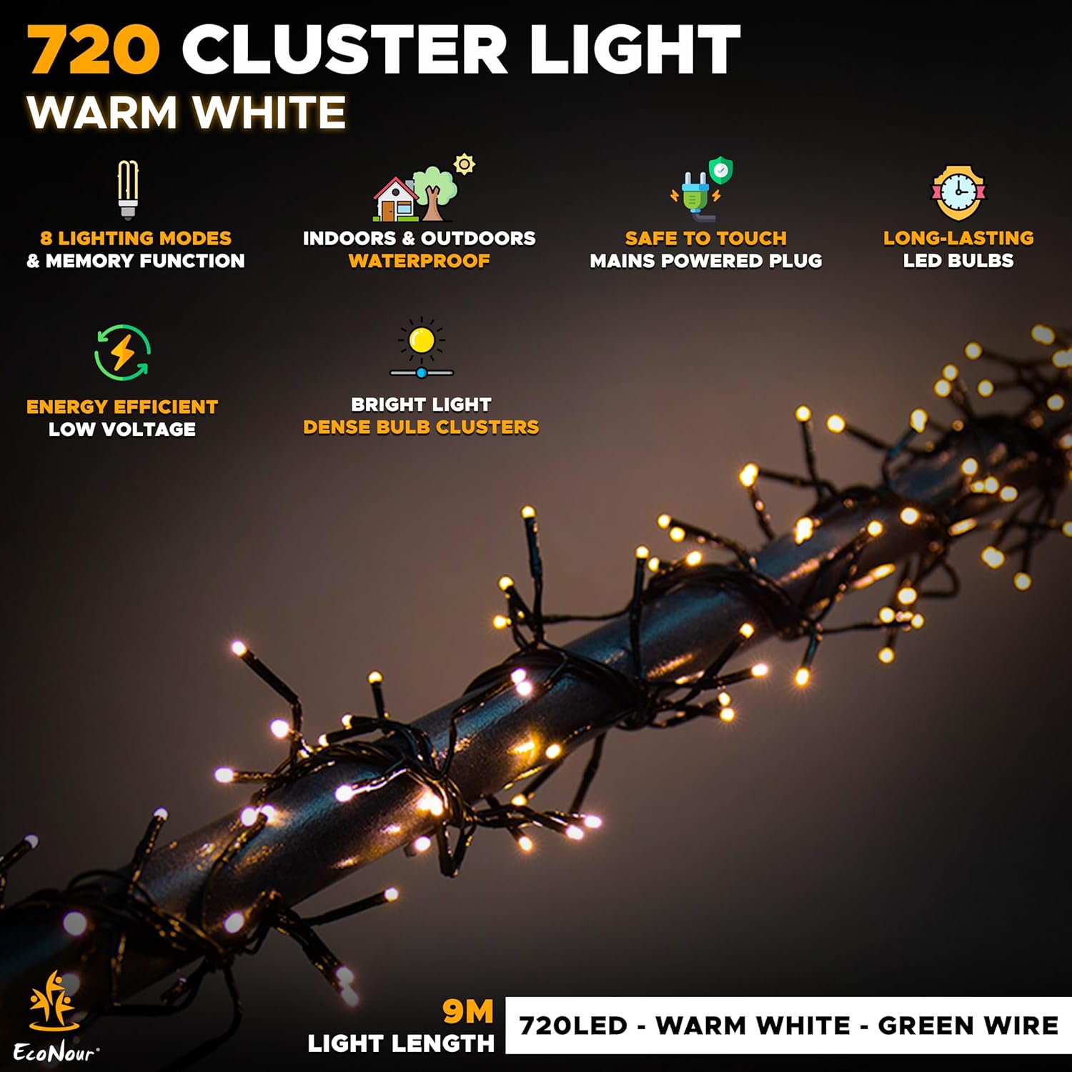 EcoNour Christmas Tree Lights Cluster Lights 720 LED - 6 Hours On Timer, 8 Light Modes, Plug in, Waterproof Indoor & Outdoor Use – 720 LED / 9m Lit Length, Warm White