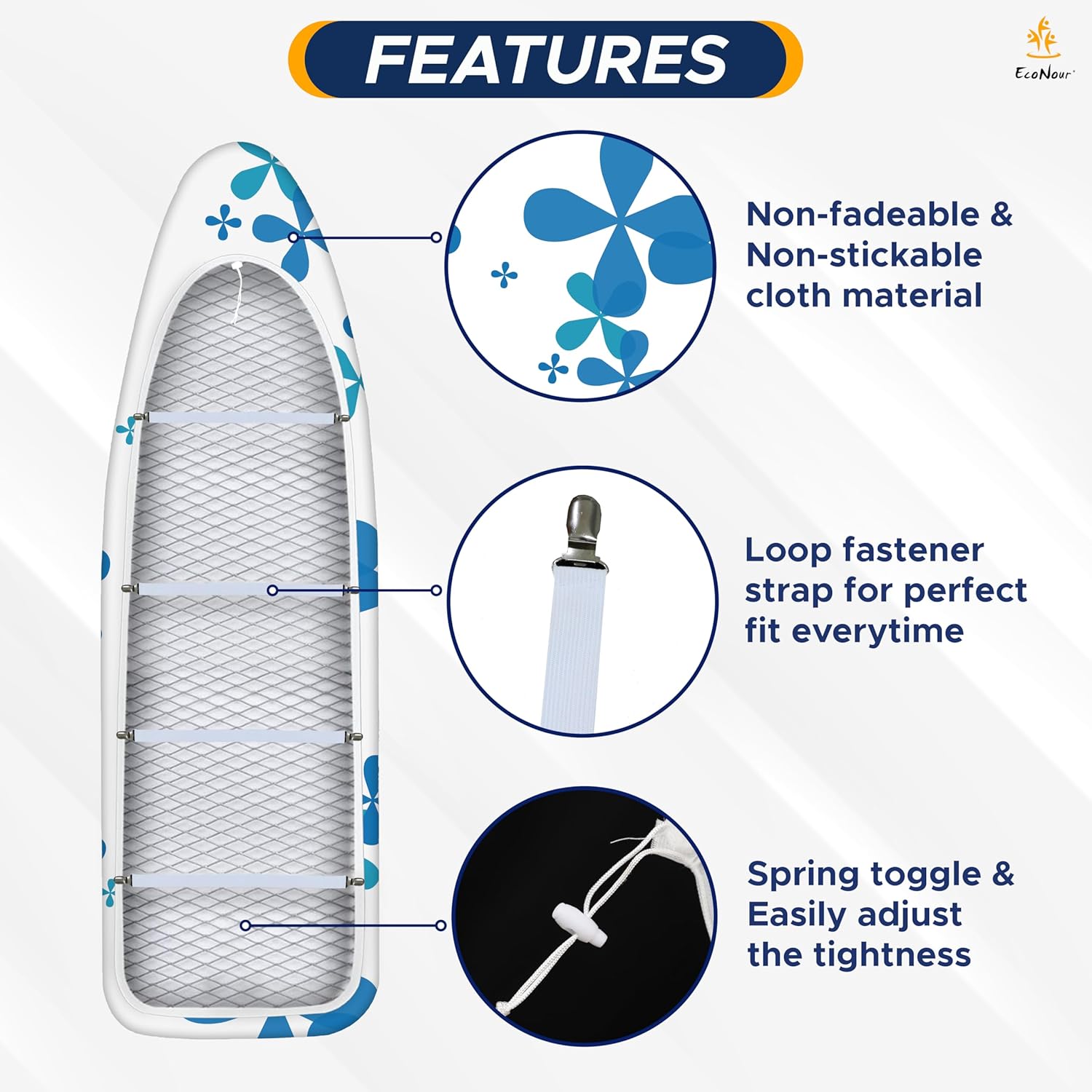 EcoNour Ironing Board Covers 124 x 38 cm Extra Thick 7mm Padding, 100% Cotton Top Covers Easy-Fit for Protecting Ironing Board Cover Complete Set with 4 Strings and Scorch Resistant Padding - Large