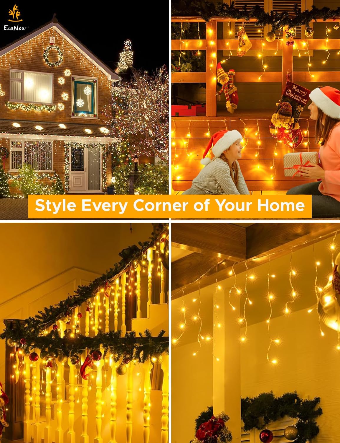 EcoNour Icicle Lights Outdoor Christmas Lights 500 LED 17M Warm White Decorations String Fairy Lights with Timer for Xmas Garden & Party | Mains Powered Clear Cable