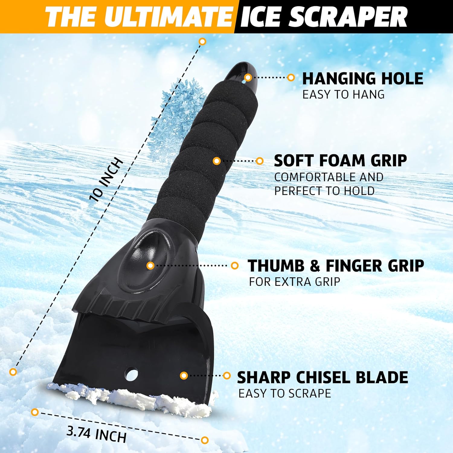 EcoNour Ice Scraper for Car Windscreen (1 Pack) | Window Snow Scraper for Car to Remove Snow, Frost, and Ice | Portable Snow Removal Tool with Foam Handle, Perfect Grip, Scratch-Free