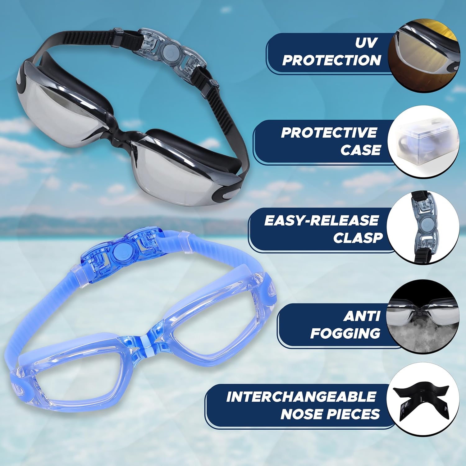EcoNour Swimming Goggles Anti-Fog - Waterproof Seal, Comfort Fit, UV Protection, Swimming Goggles for Adult, Men, Women with Nose Clip and Earplugs, 2 Pack