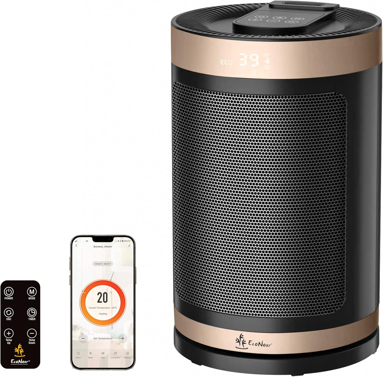 EcoNour Electric Heater, 1500 W Energy Efficient Space Silent Smart WiFi Room Heater, Portable Ceramic Room Heater with Thermostat, 3 Heat Modes, Fast Heating, Overheat & Tip-Over Safety Protection