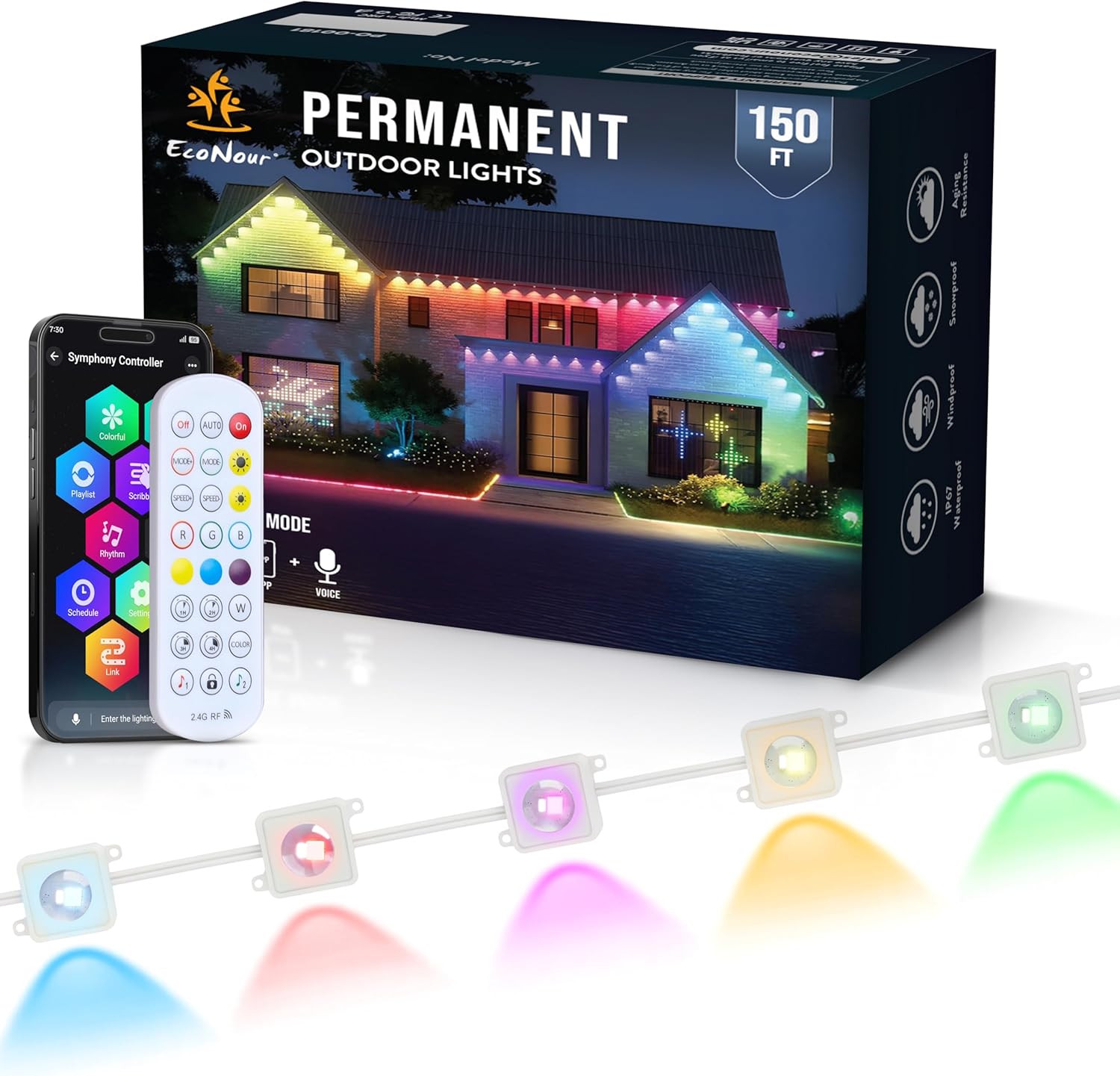 EcoNour 150 FT RGB Smart Permanent Outdoor Lights | Waterproof LED Eaves Lights with App & Remote Control | Colorful RGB Light with Music Sync | Smart Outdoor LED Christmas Light with Festive Effects