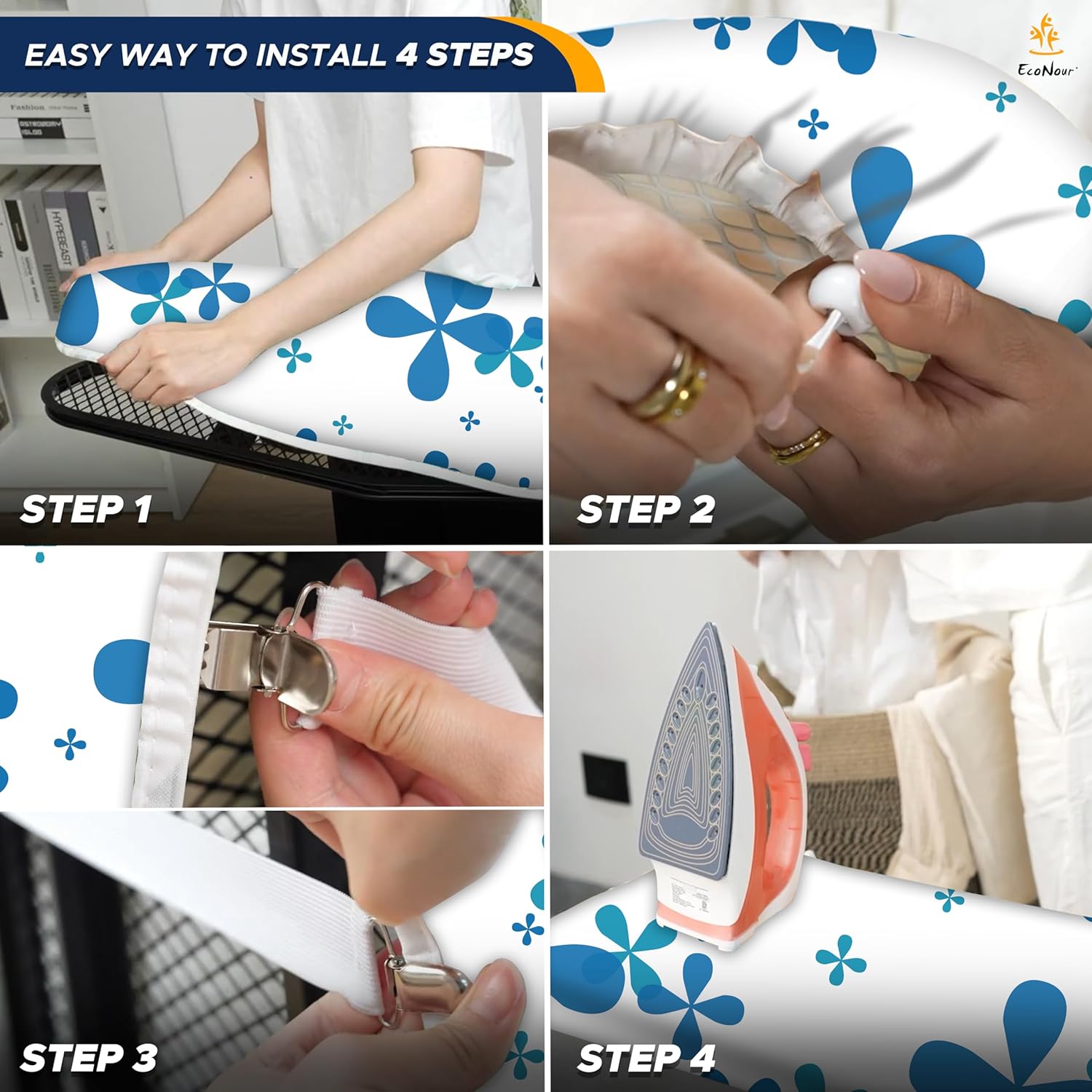 EcoNour Ironing Board Covers 124 x 38 cm Extra Thick 7mm Padding, 100% Cotton Top Covers Easy-Fit for Protecting Ironing Board Cover Complete Set with 4 Strings and Scorch Resistant Padding - Large