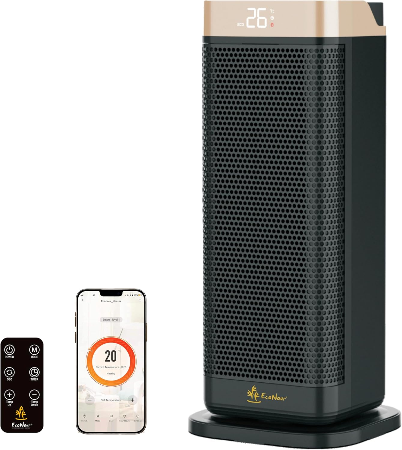 EcoNour Electric Heater, 2000 W Energy Efficient Space Silent Smart WiFi Room Heater, Portable Ceramic Room Heater with Thermostat, 3 Heat Modes, Fast Heating, Overheat & Tip-Over Safety Protection