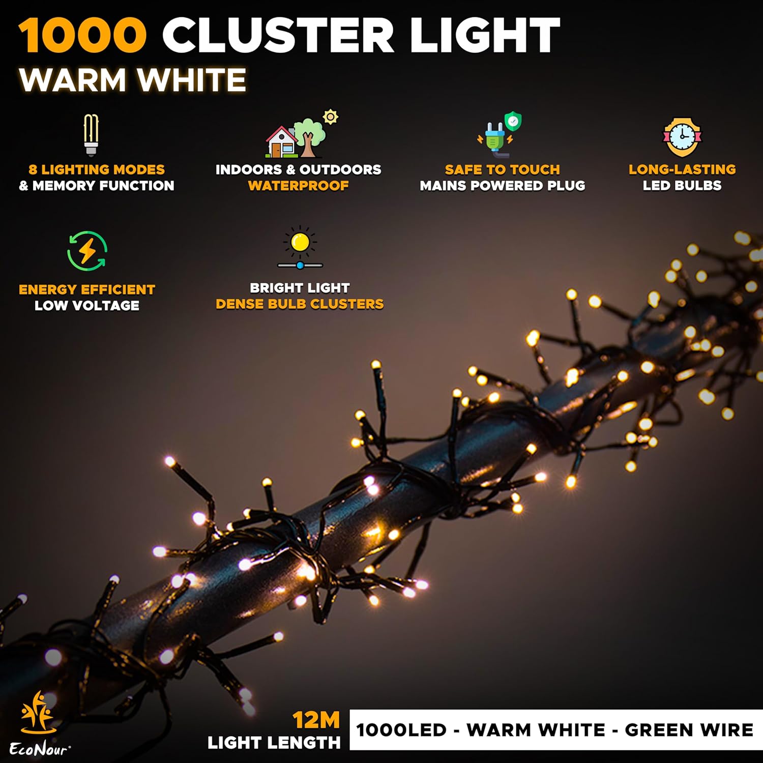 EcoNour Christmas Tree Lights Cluster Lights 1000 LED - 6 Hours On Timer, 8 Light Modes, Plug in, Waterproof Indoor & Outdoor Use – 1000 LED / 12m Lit Length, Warm White