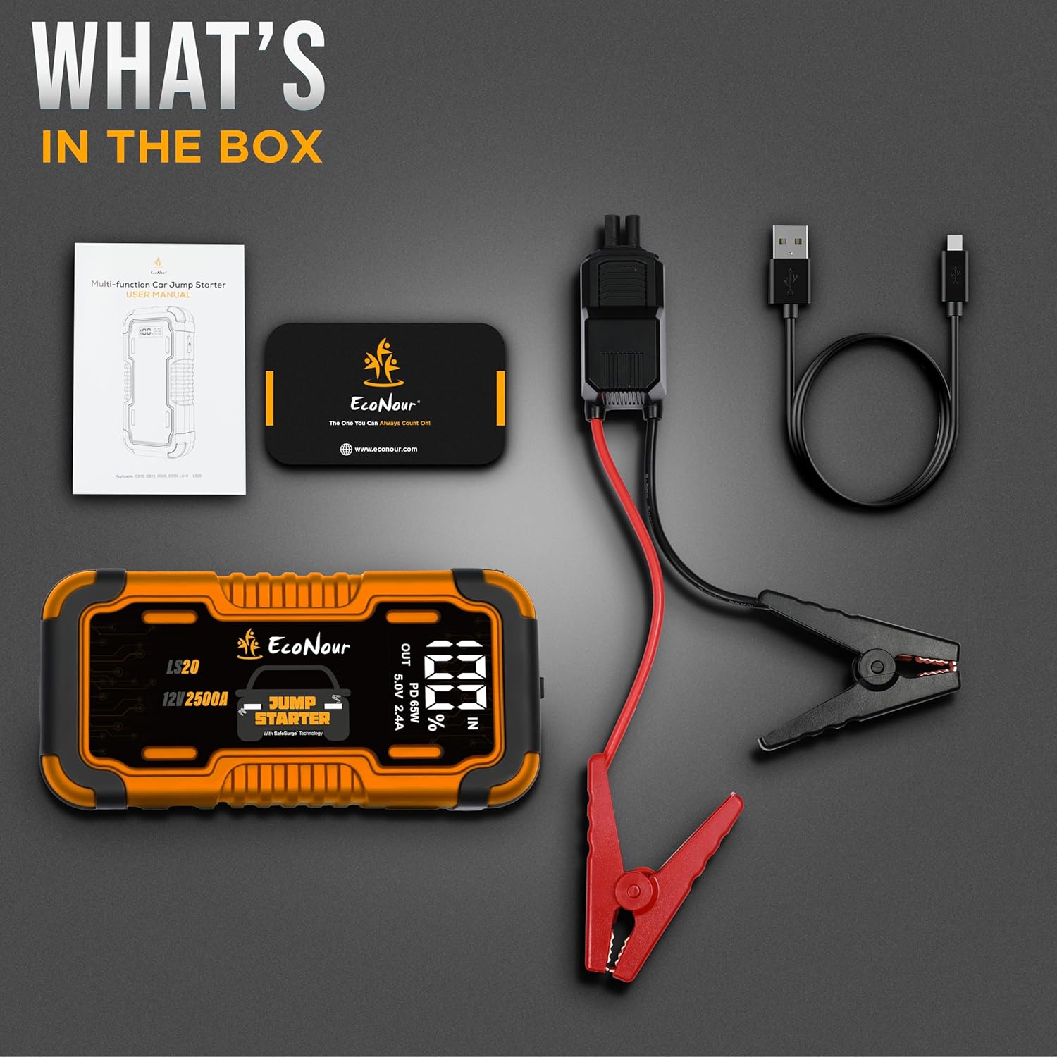 EcoNour LS20 Car Battery Jump Starter - 2000A Portable, 12V Jump Starters Car Battery Charger with SOS & Jumper Cable, Ideal for Up to 7.0L Gas & 3.0L Diesel Engines (16000 mAh)