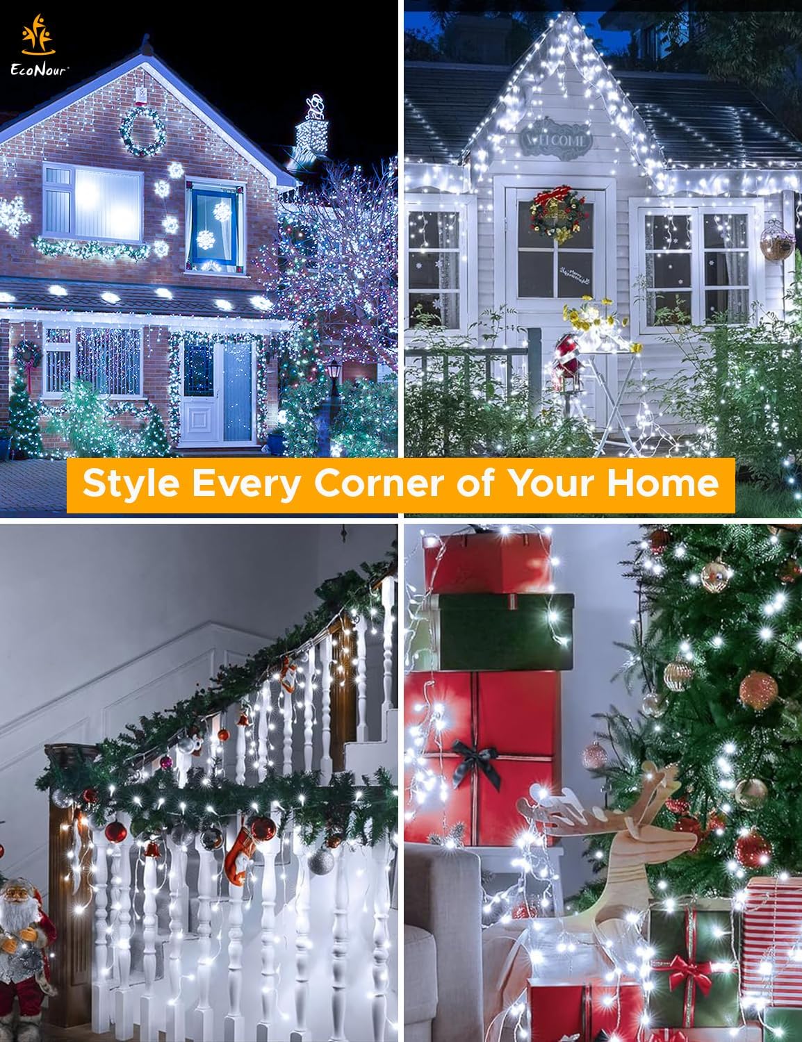 EcoNour Icicle Lights Outdoor Christmas Lights 2000 LED 60M Cool White Decorations String Fairy Lights with Timer for Xmas Garden & Party | Mains Powered Clear Cable