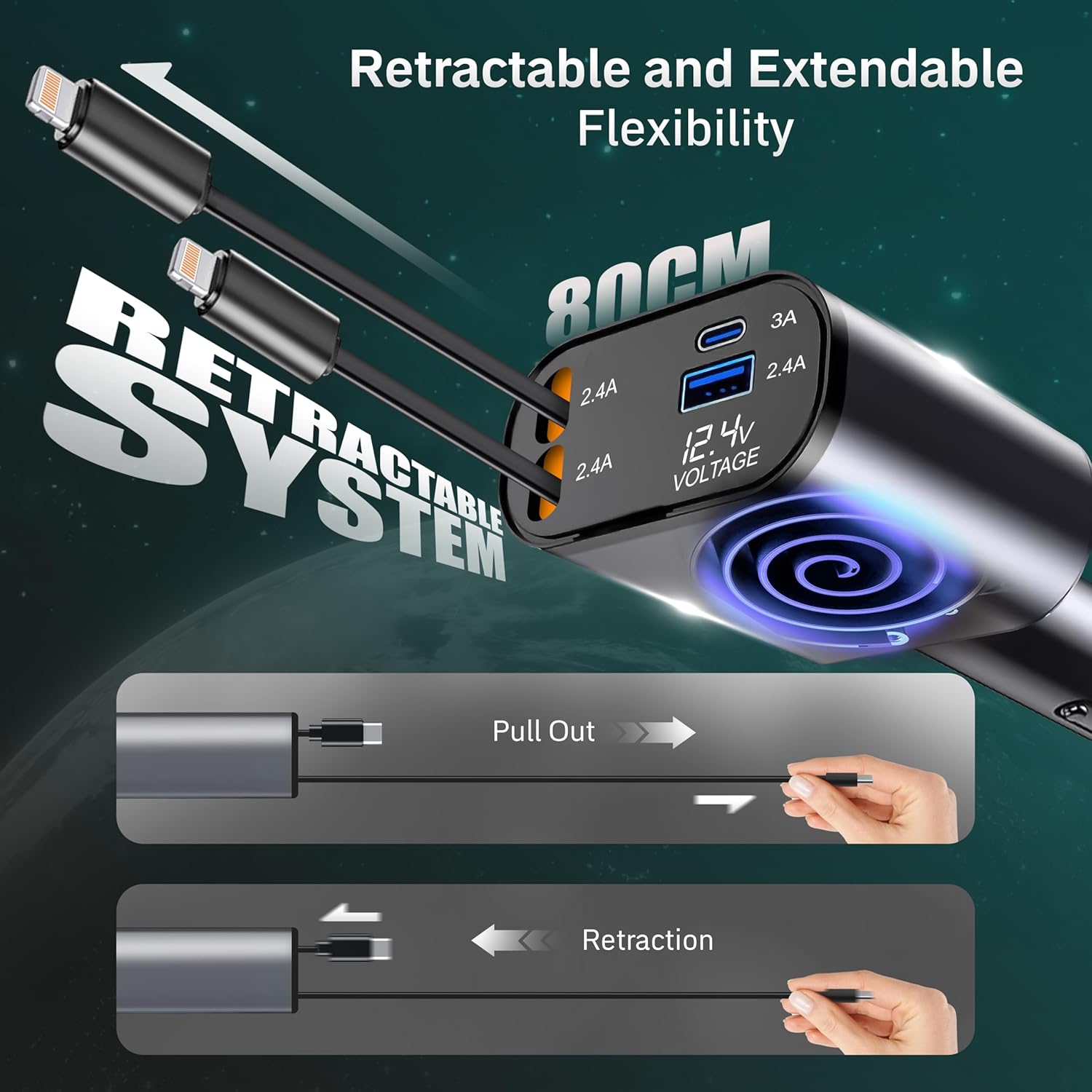 EcoNour Super Fast 4-in-1 Retractable Car Charger | PD30W Dual Apple Charger for iPhones & Multiple Devices | 82 cm Long, Flexible & Compact Design | Compatible with Iphones, Samsung & Android Devices
