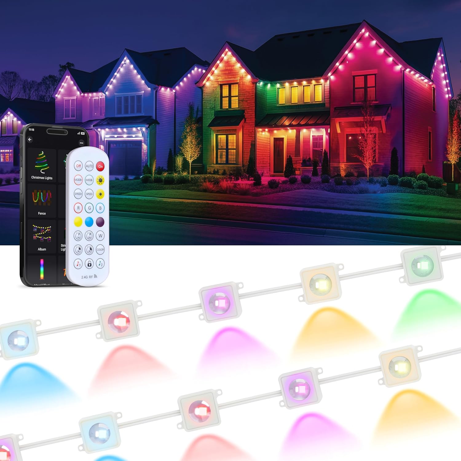 EcoNour 150 FT RGB Smart Permanent Outdoor Lights | Waterproof LED Eaves Lights with App & Remote Control | Colorful RGB Light with Music Sync | Smart Outdoor LED Christmas Light with Festive Effects