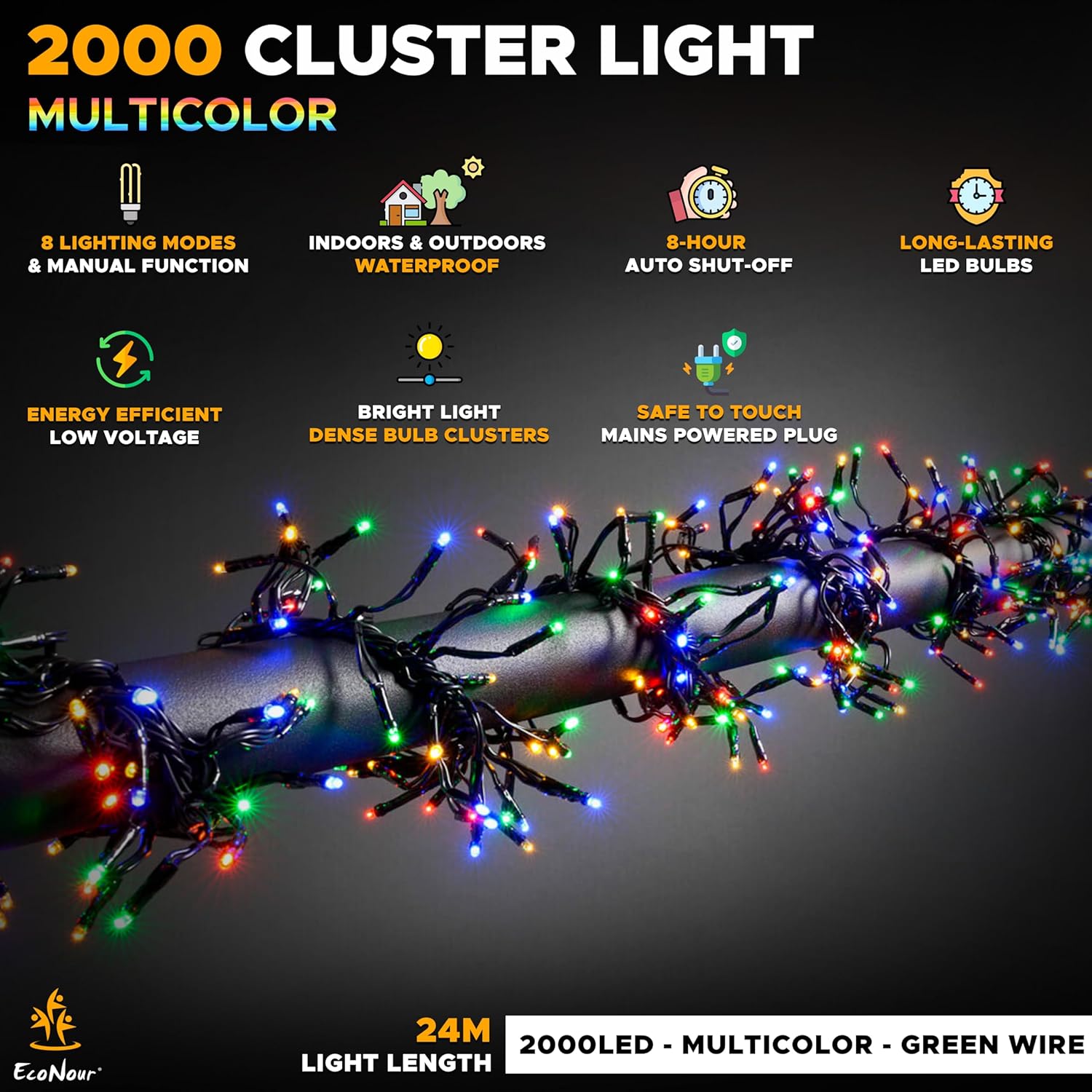EcoNour Christmas Tree Cluster Lights - 2000 LED - Multi-Color - 6 Hours Timer, 8 Lighting Modes, Plug-in, Waterproof for Indoor & Outdoor Use - 20m Lit Length