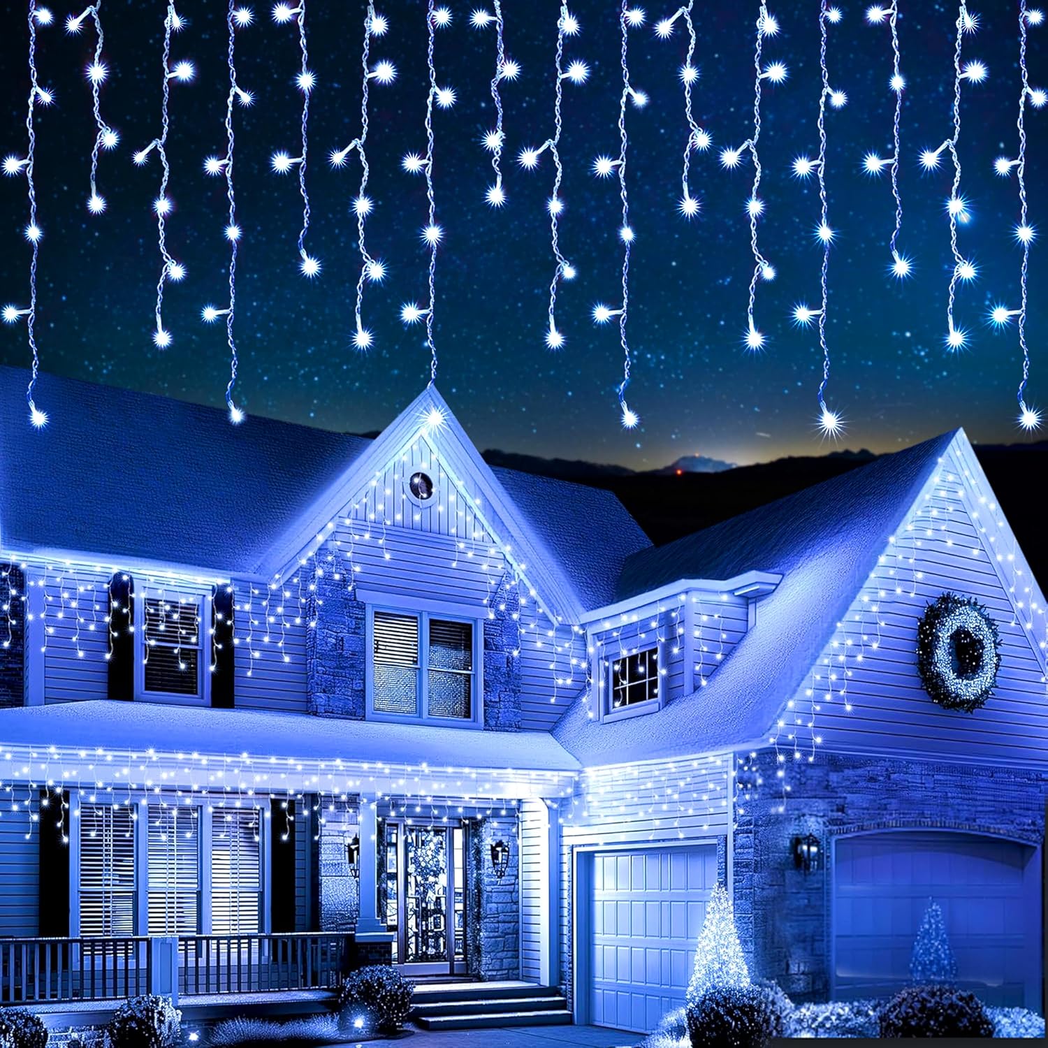 EcoNour Icicle Lights Outdoor Christmas Lights 1500 LED 47M Cool White Decorations String Fairy Lights with Timer for Xmas Garden & Party | Mains Powered Clear Cable