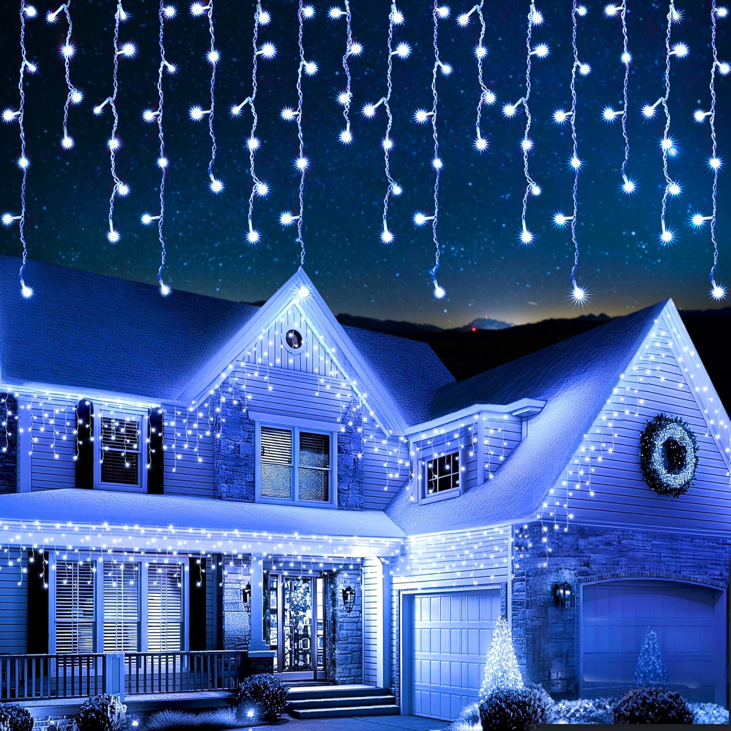 EcoNour Icicle Lights Outdoor Christmas Lights 240 LED 7.5M Warm White Decorations String Fairy Lights with Timer for Xmas Garden & Party | Mains Powered Clear Cable
