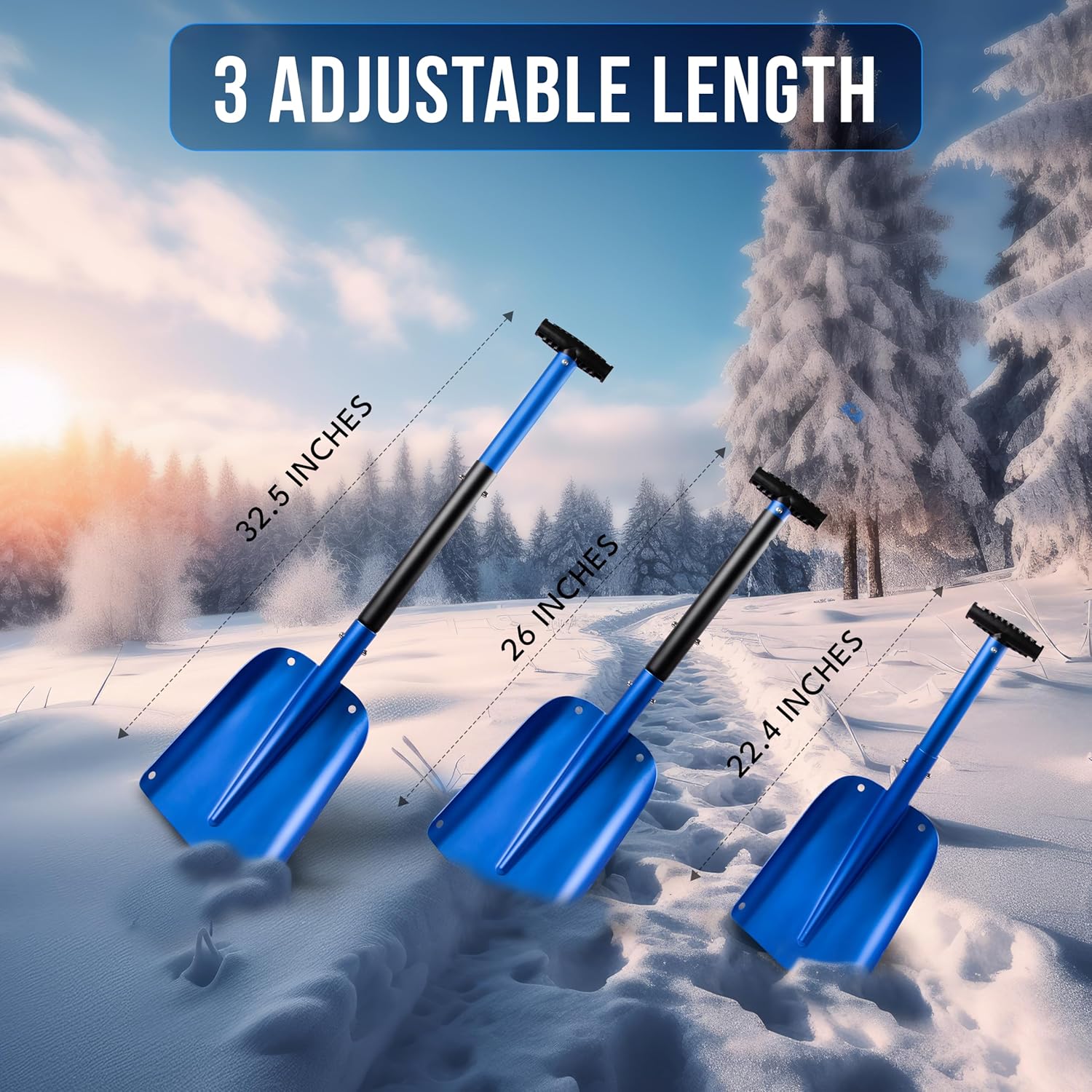EcoNour 32" Multipurpose Snow Shovel for Car Driveway | Lightweight Aluminum Car Shovel for Snow, Sand, and Garden Use | Heavy-Duty, Foldable 3-Piece Shovel for Car, Home, and Outdoors (Blue)
