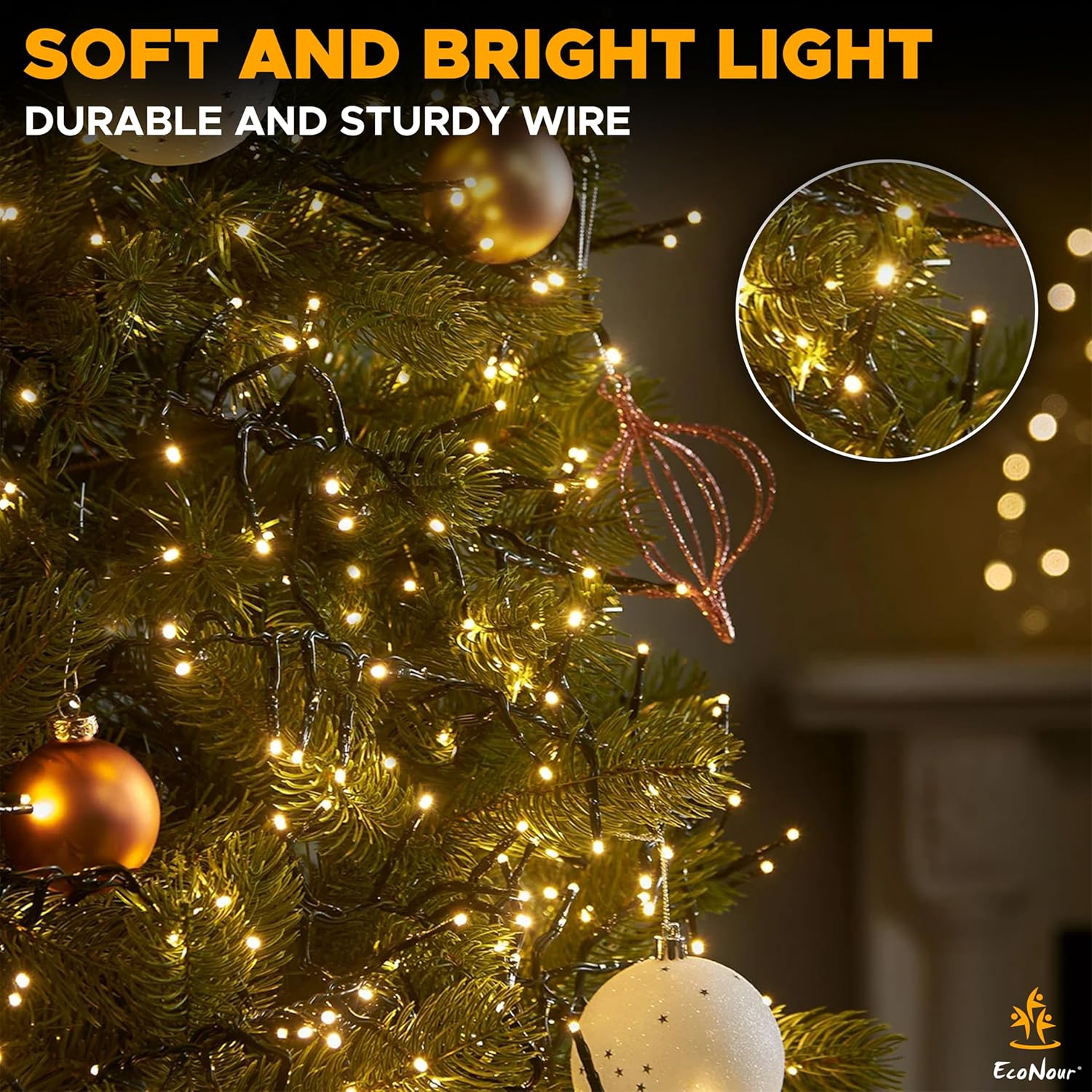 EcoNour Christmas Tree Lights Cluster Lights 720 LED - 6 Hours On Timer, 8 Light Modes, Plug in, Waterproof Indoor & Outdoor Use – 720 LED / 9m Lit Length, Warm White
