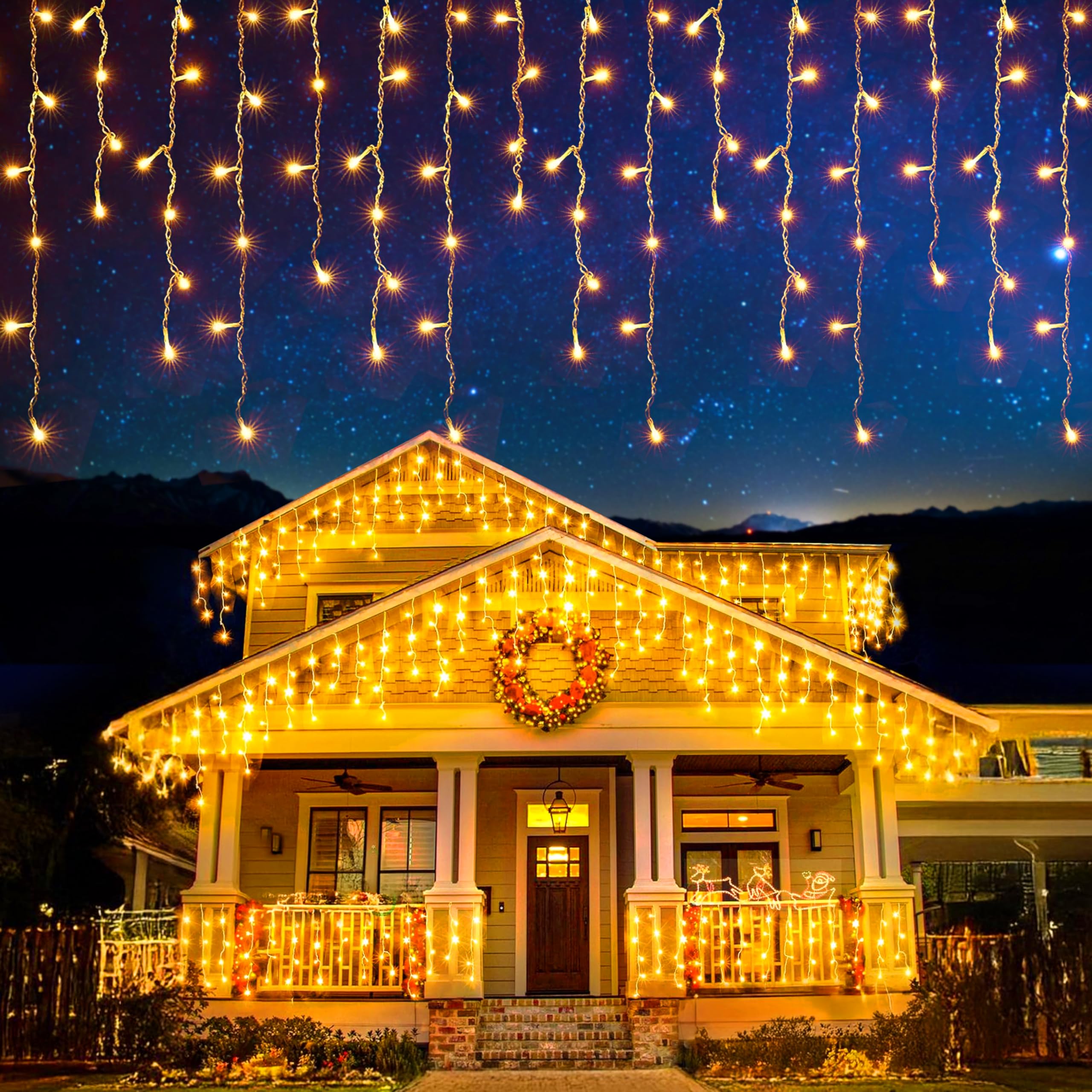EcoNour Icicle Lights Outdoor Christmas Lights 240 LED 7.5M Warm White Decorations String Fairy Lights with Timer for Xmas Garden & Party | Mains Powered Clear Cable