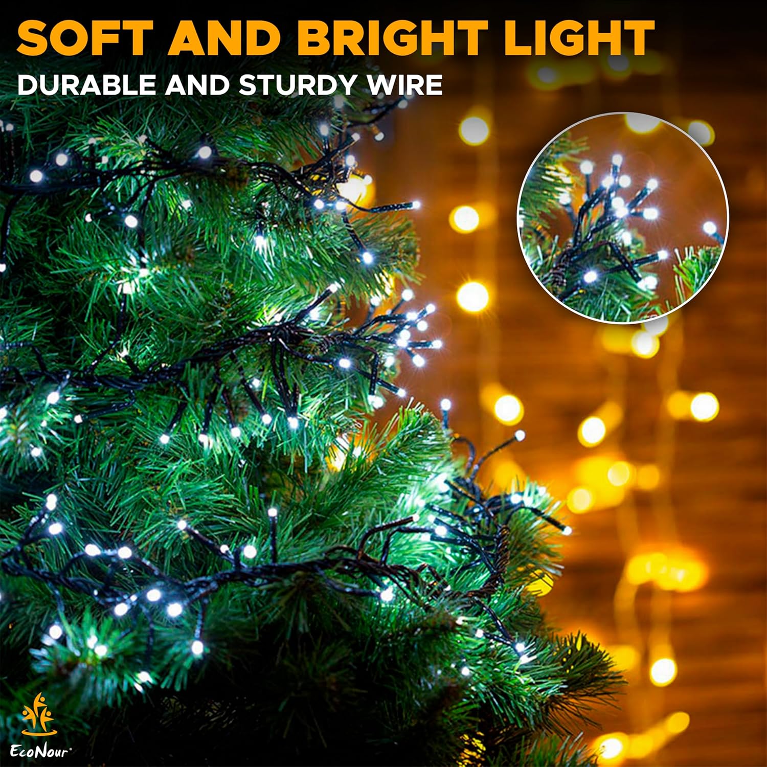 EcoNour Christmas Tree Cluster Lights - 480 LED - Cool White - 6 Hours Timer, 8 Lighting Modes, Plug-in, Waterproof for Indoor & Outdoor Use - 4.8m Lit Length