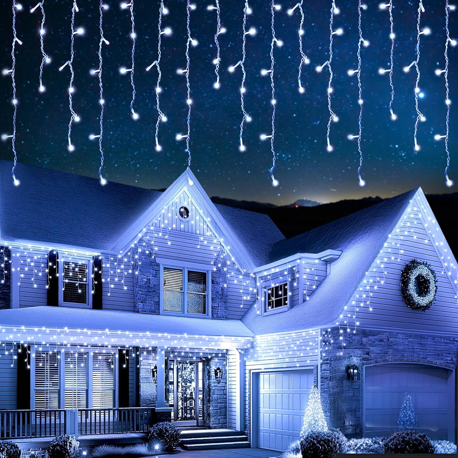 EcoNour Icicle Lights Outdoor Christmas Lights 240 LED 7.5M Cool White Decorations String Fairy Lights with Timer for Xmas Garden & Party | Mains Powered Clear Cable