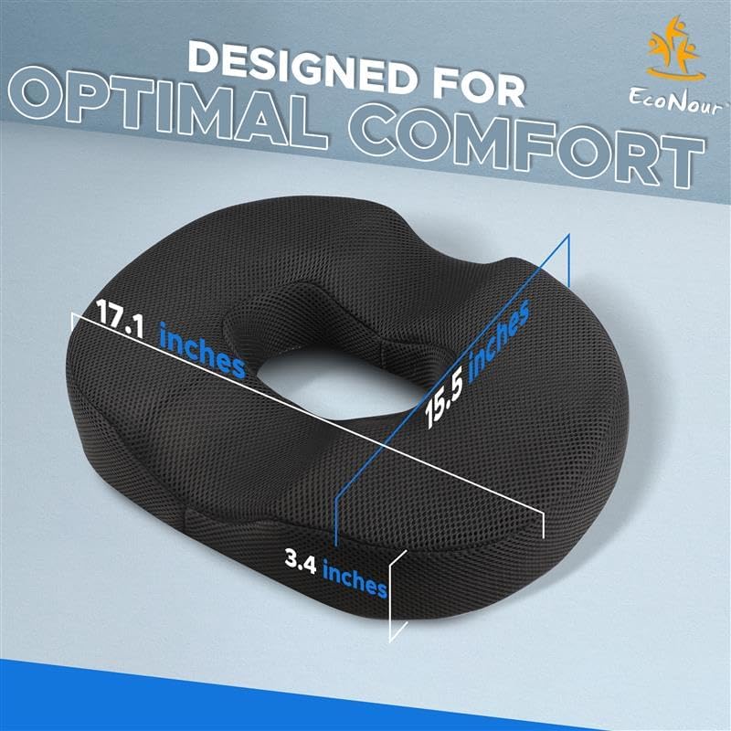 EcoNour Comfortable Donut Pillow Seat Cushion | Memory Foam Ideal for Postpartum Recovery | Hemorrhoid Relief, Sciatica, Hip & Coccyx Pain Relief | Perfect for Office Workers & Long-Distance Drivers