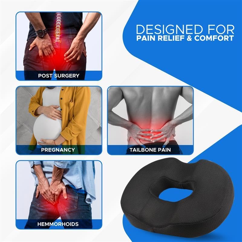 EcoNour Comfortable Donut Pillow Seat Cushion | Memory Foam Ideal for Postpartum Recovery | Hemorrhoid Relief, Sciatica, Hip & Coccyx Pain Relief | Perfect for Office Workers & Long-Distance Drivers