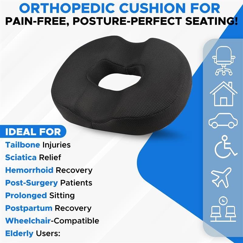 EcoNour Comfortable Donut Pillow Seat Cushion | Memory Foam Ideal for Postpartum Recovery | Hemorrhoid Relief, Sciatica, Hip & Coccyx Pain Relief | Perfect for Office Workers & Long-Distance Drivers
