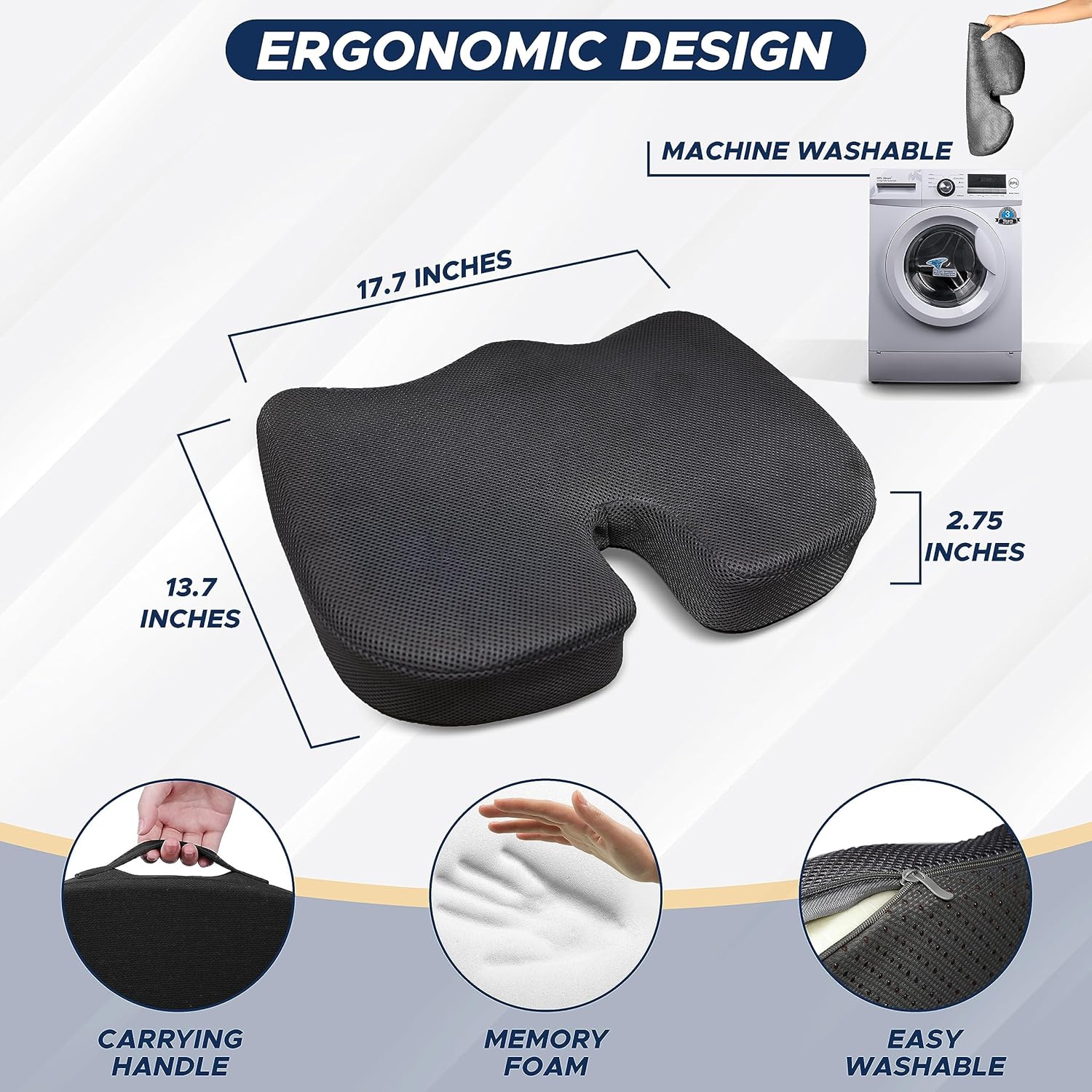 EcoNour Seat Cushions | Memory Foam Seat Cushion with Gel for Coccyx Sitting | Sciatica Tailbone Pain Relief | Orthopaedic Ergonomic Cushions for -Car, Office Chair, Desk, Wheelchair & Gaming