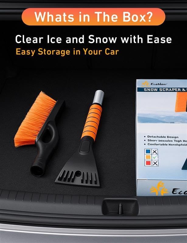 EcoNour 27" Aluminum Ice Scraper for Car Windscreen (Orange) | Weaved Bristle Head with Metal Body Ice Scrapers | Tough Ice Scraper with Foam Grip Snow Removal Winter Car Accessories