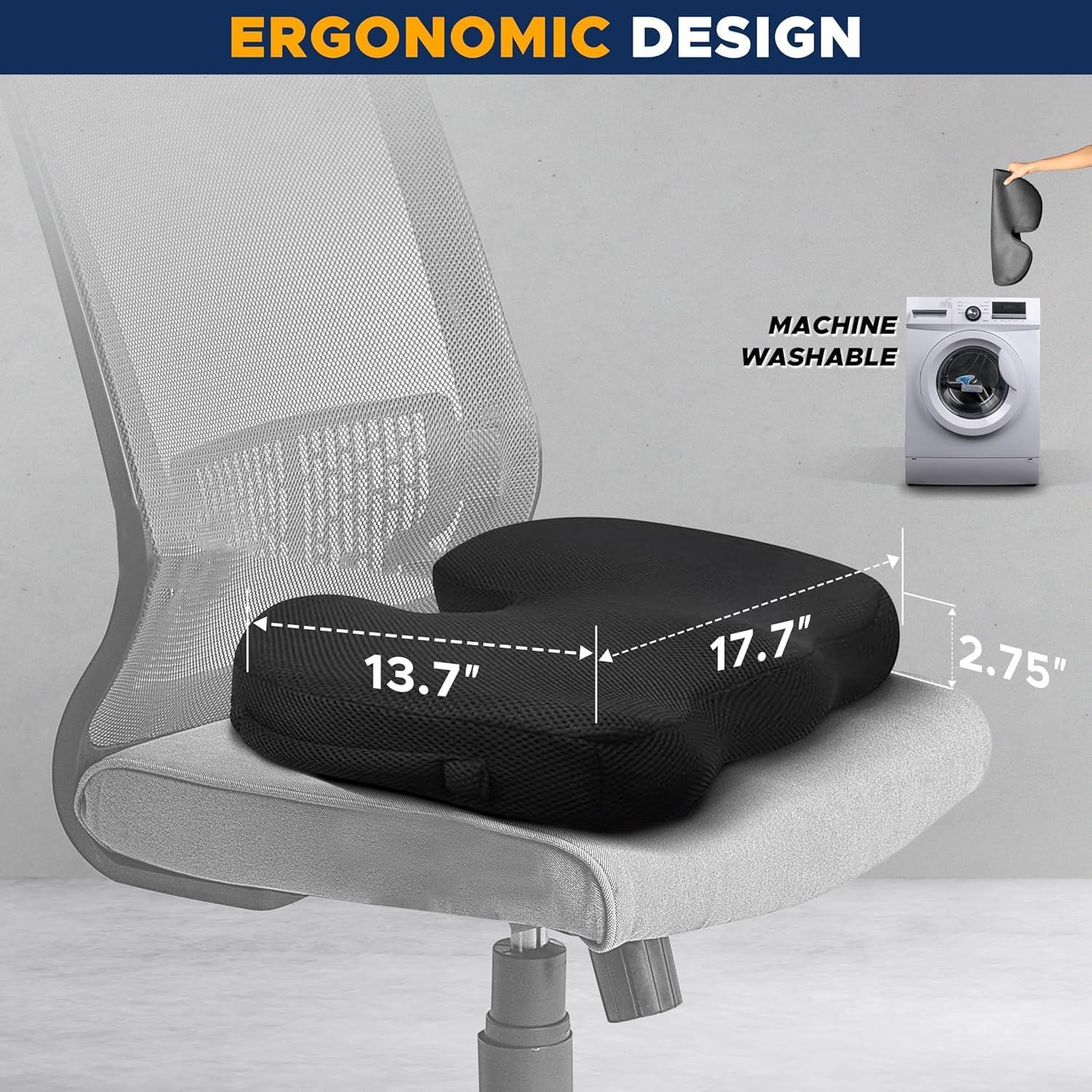 EcoNour Memory Foam Seat Cushion for Coccyx Sitting, Sciatica Tailbone Pain Relief - Anti-Slip Ergonomic Cushions for Office Chair, Desk, Wheelchair & Gaming - Car Seat Cushion
