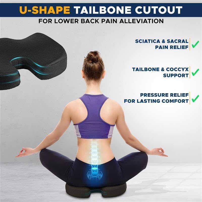 EcoNour Memory Foam Seat Cushion for Coccyx Sitting, Sciatica Tailbone Pain Relief - Anti-Slip Ergonomic Cushions for Office Chair, Desk, Wheelchair & Gaming - Car Seat Cushion