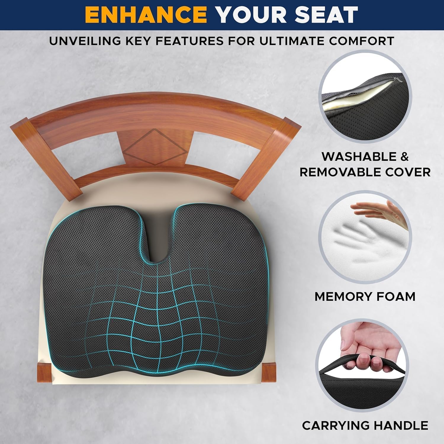 EcoNour Memory Foam Seat Cushion for Coccyx Sitting, Sciatica Tailbone Pain Relief - Anti-Slip Ergonomic Cushions for Office Chair, Desk, Wheelchair & Gaming - Car Seat Cushion