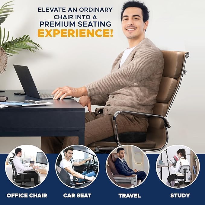 EcoNour Memory Foam Seat Cushion for Coccyx Sitting, Sciatica Tailbone Pain Relief - Anti-Slip Ergonomic Cushions for Office Chair, Desk, Wheelchair & Gaming - Car Seat Cushion