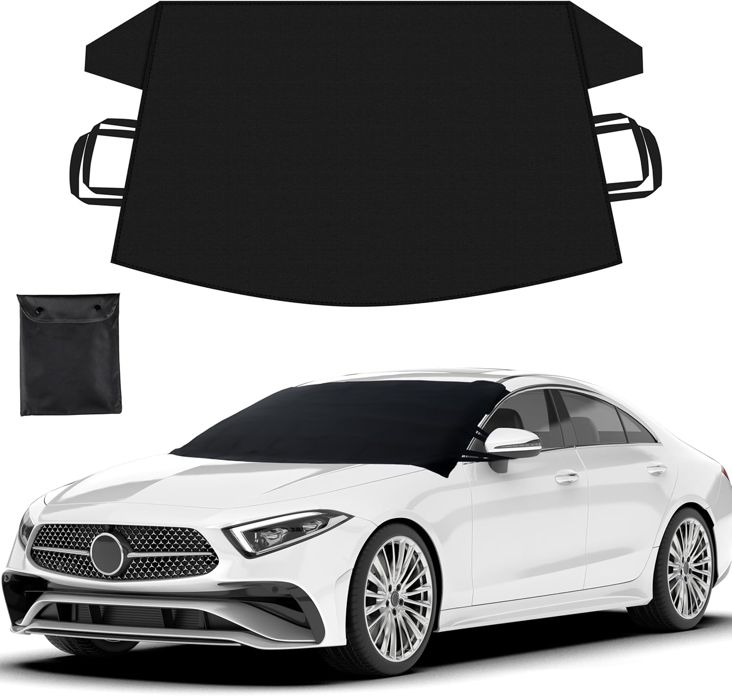Windshield snow cover installed on car providing winter protection from snow and frost