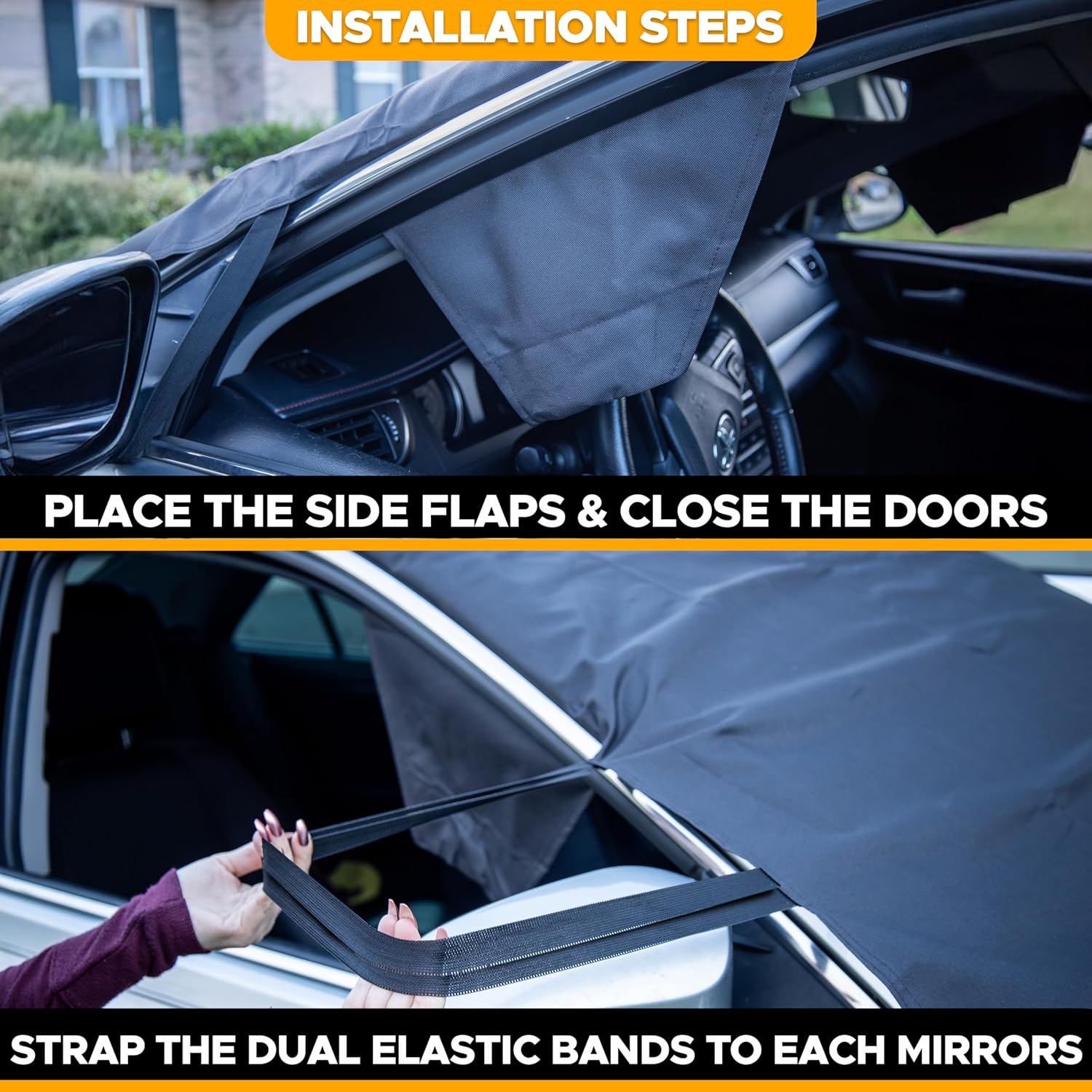 Easy to install windshield snow cover with secure fit for winter weather protection